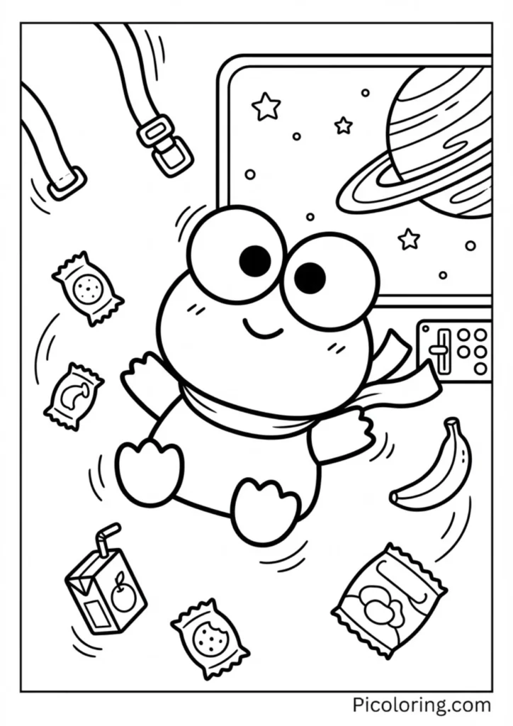 Keroppi floating inside a space station with snacks drifting around