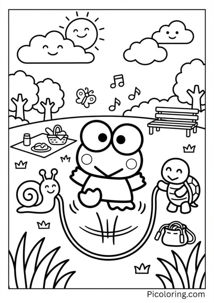 Keroppi happily jumping rope outdoors