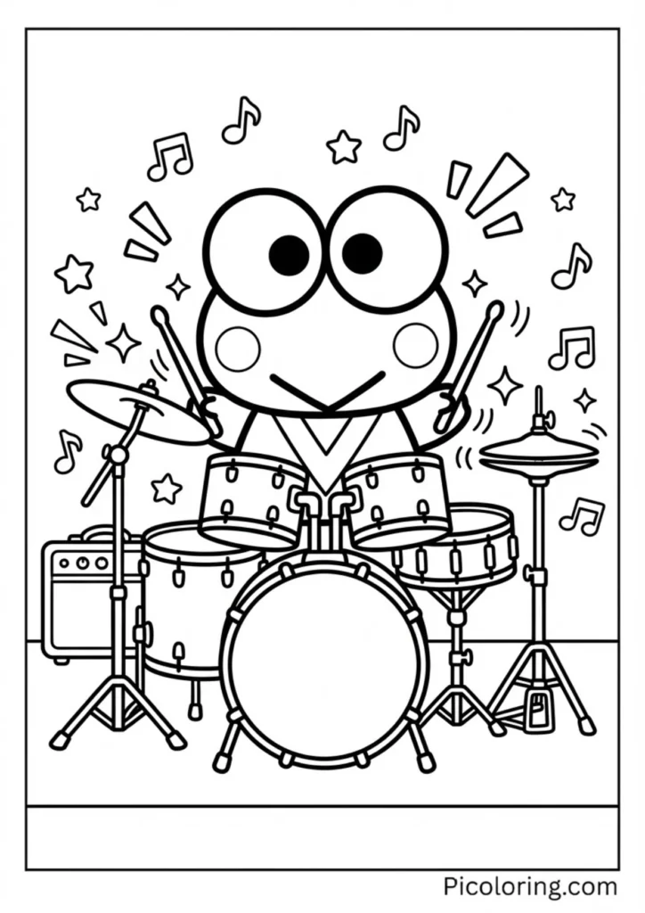 Keroppi happily playing a drum set with sparkles and rhythm symbols