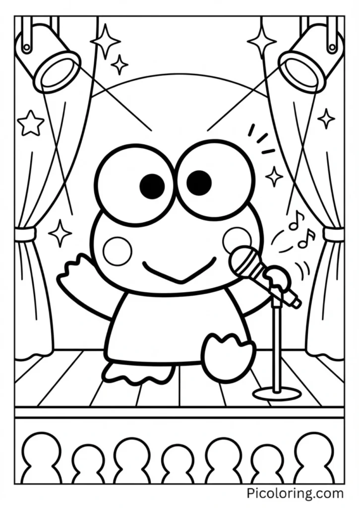 Keroppi holding a microphone on stage with spotlights shining bright