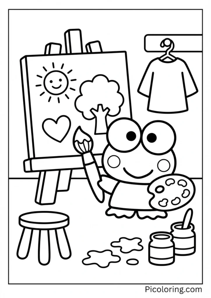 Keroppi holding a paintbrush in front of an easel