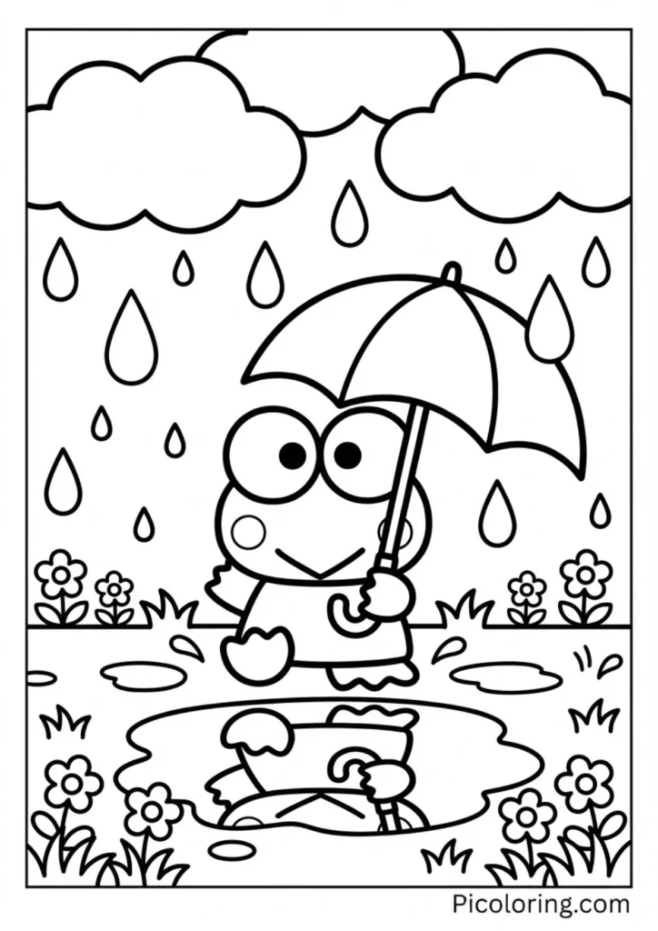 Keroppi holding an umbrella with raindrops falling around him