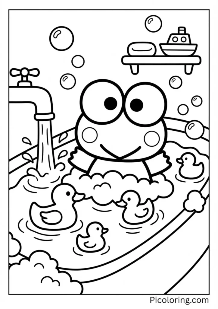 Keroppi in a bubbly bathtub with rubber ducks