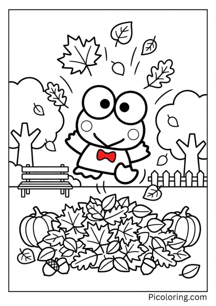 Keroppi jumping into a pile of fall leaves