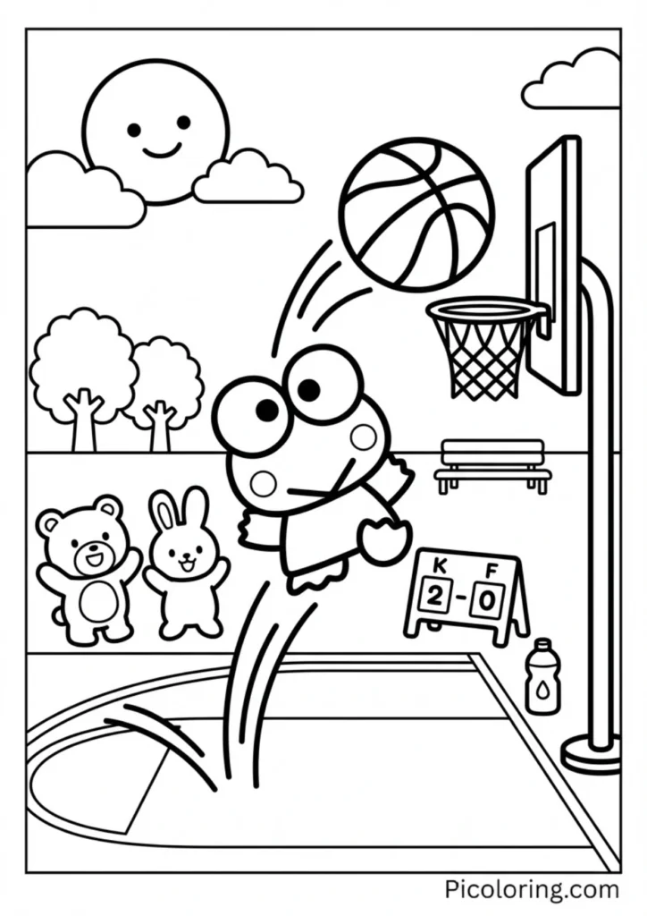 Keroppi jumping to shoot a basketball
