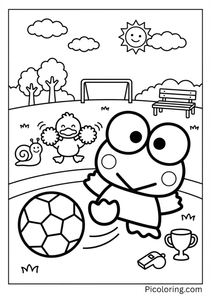 Keroppi kicking a soccer ball on a field