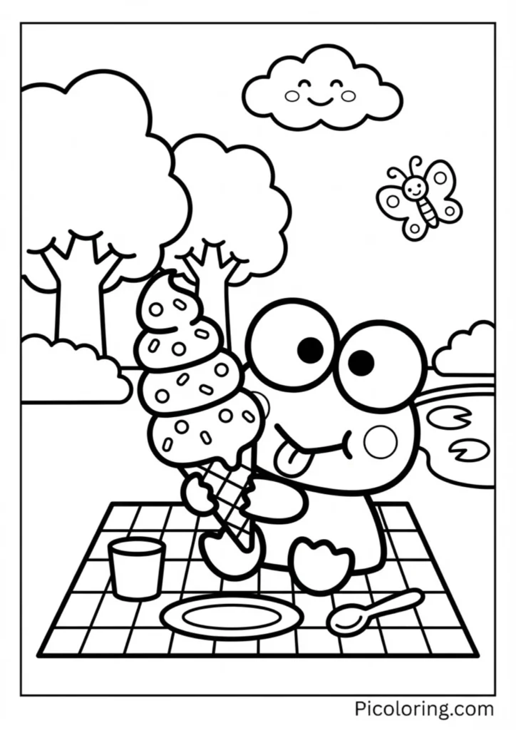 Keroppi licking a tall swirly ice cream cone