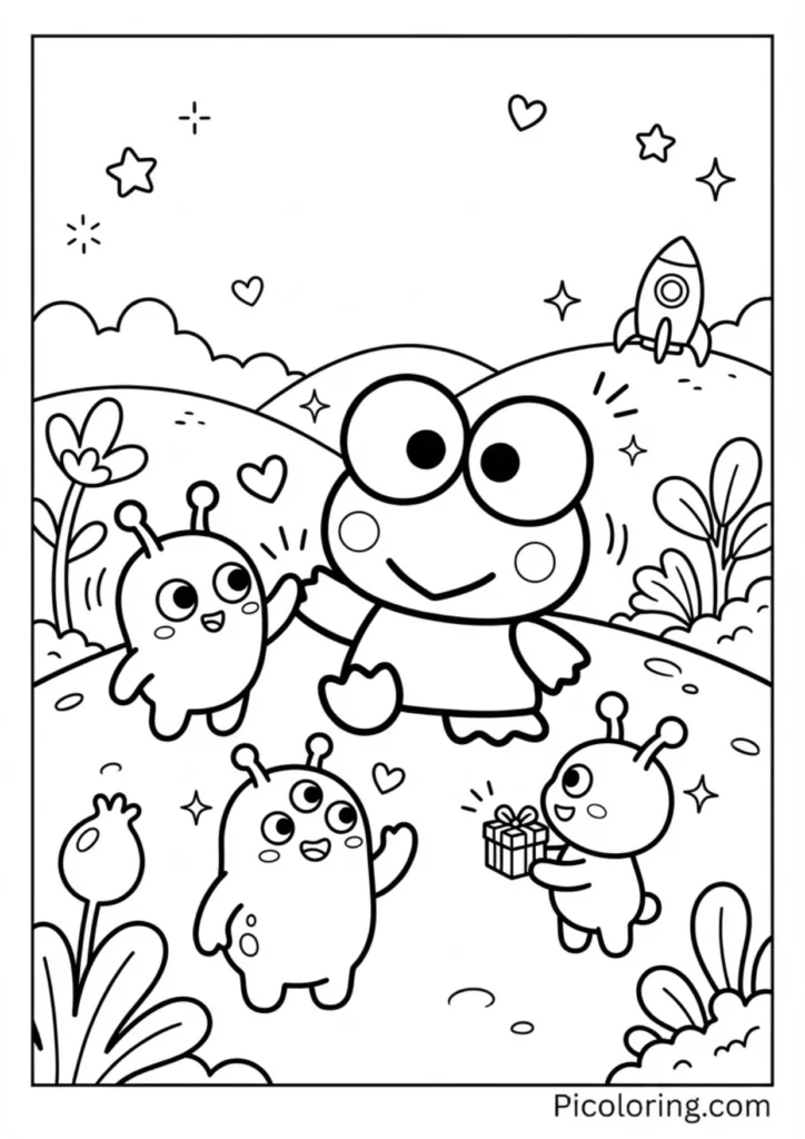 Keroppi making friends with adorable aliens on a new planet