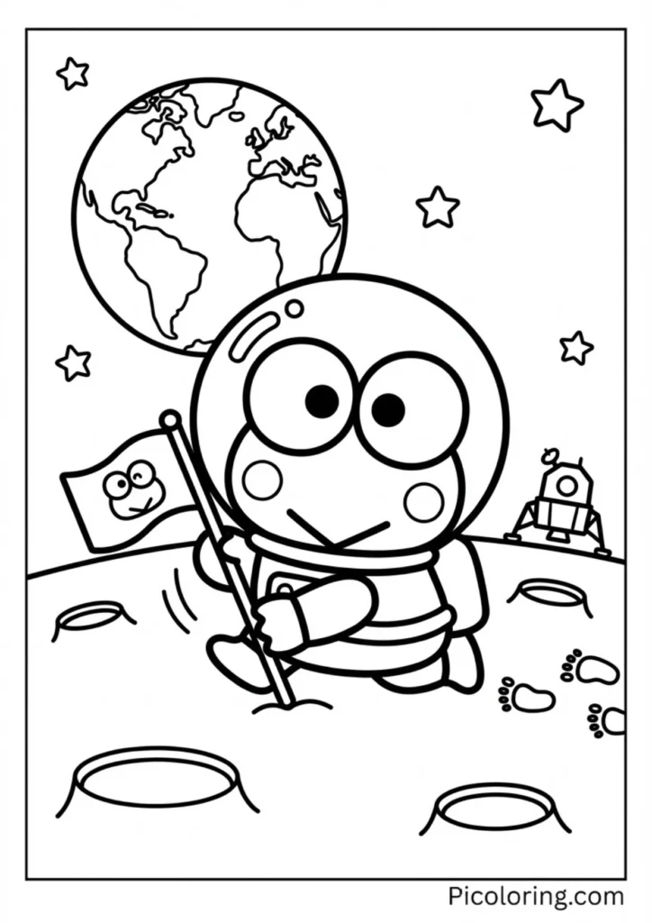 Keroppi planting a little flag on the moon with Earth in the background