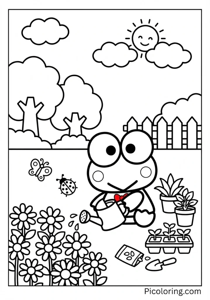 Keroppi planting flowers and watering plants