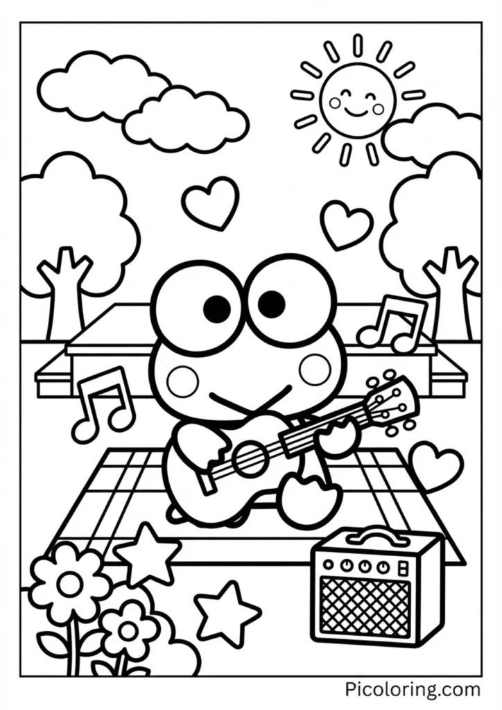 Keroppi playing a guitar or ukulele with musical notes