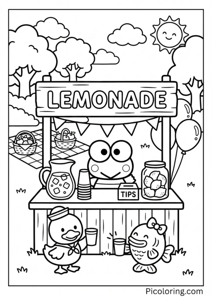 Keroppi selling fresh lemonade at a cute stand