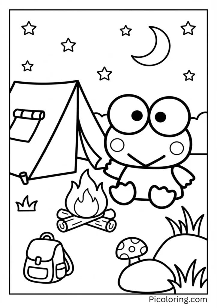 Keroppi sitting by a small tent with a campfire at night