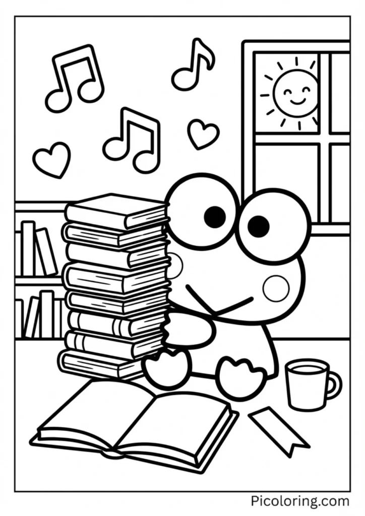 Keroppi sitting with a stack of books looking happy