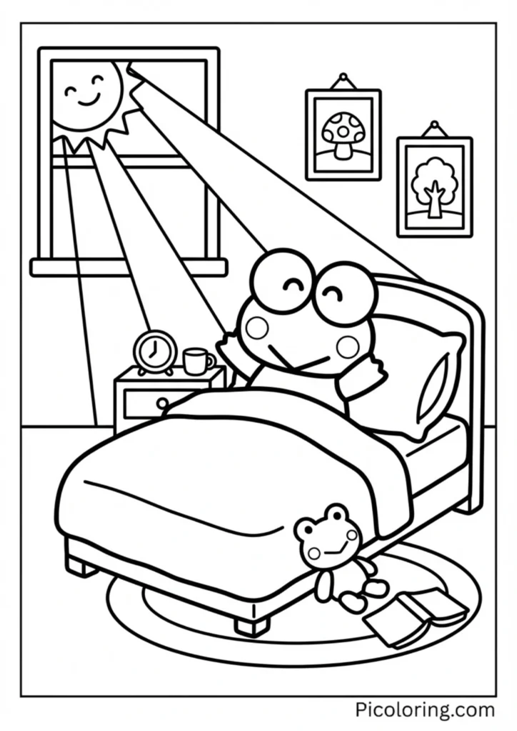 Keroppi stretching in bed with morning sunshine