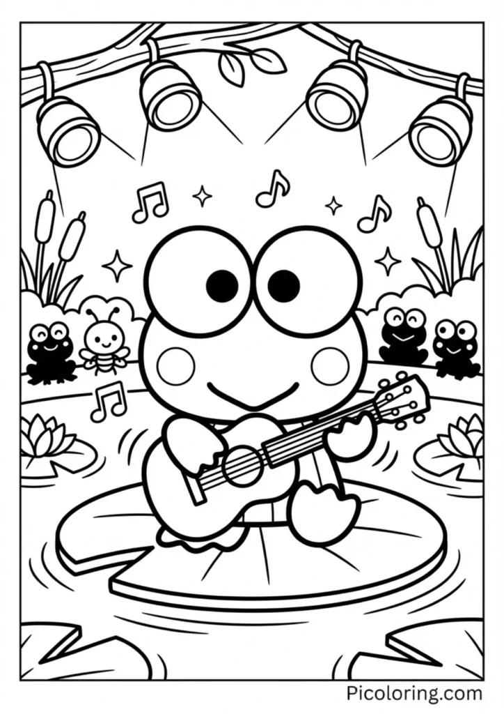 Keroppi strumming a guitar on a lily pad stage with musical notes floating around