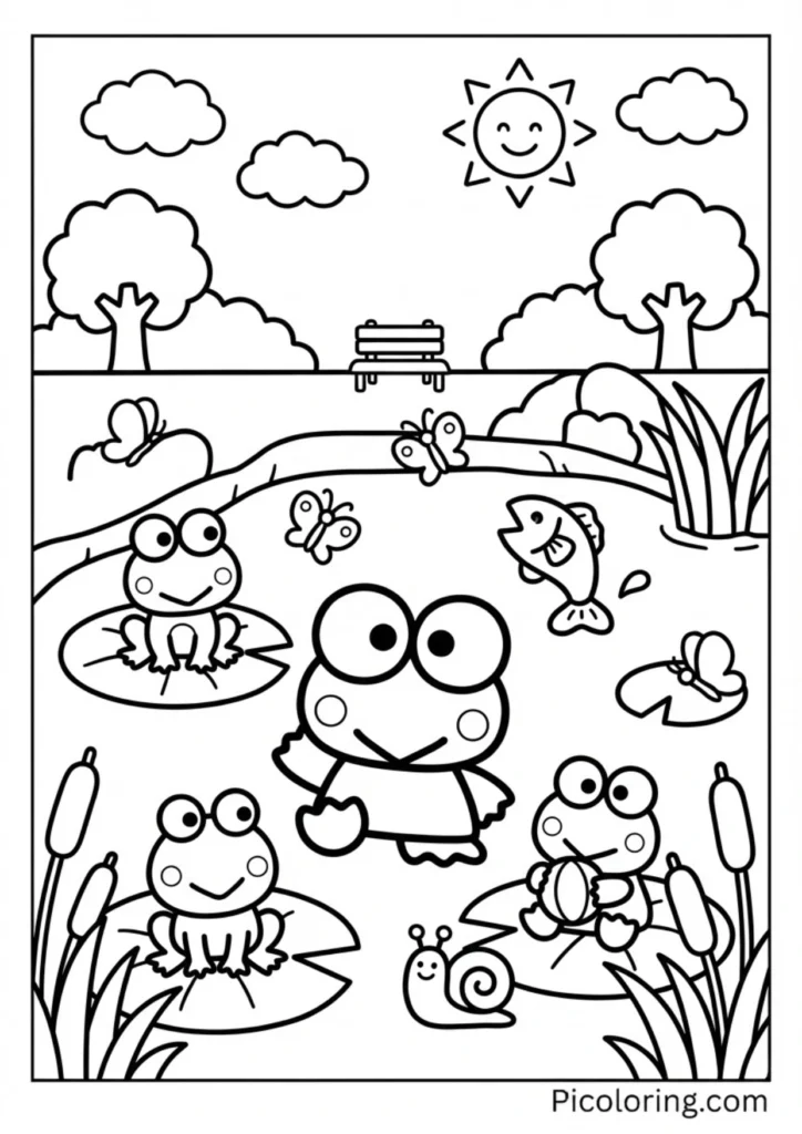Keroppi surrounded by all his pond friends smiling