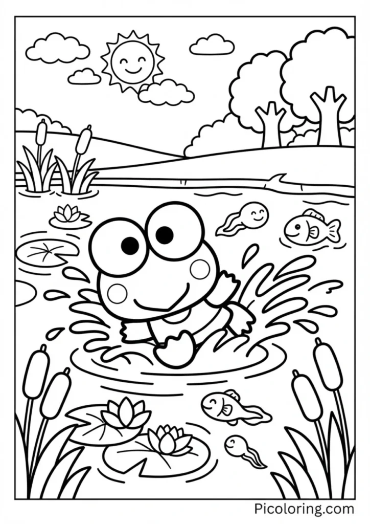 Keroppi swimming fast through pond water