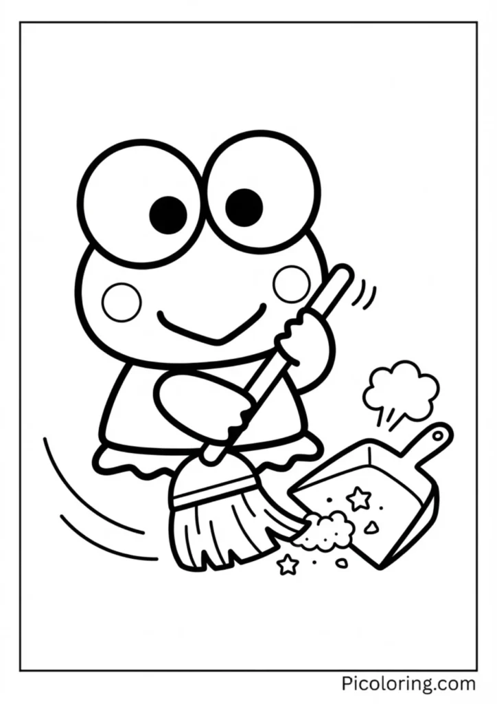 Keroppi tidying up with a broom and dustpan