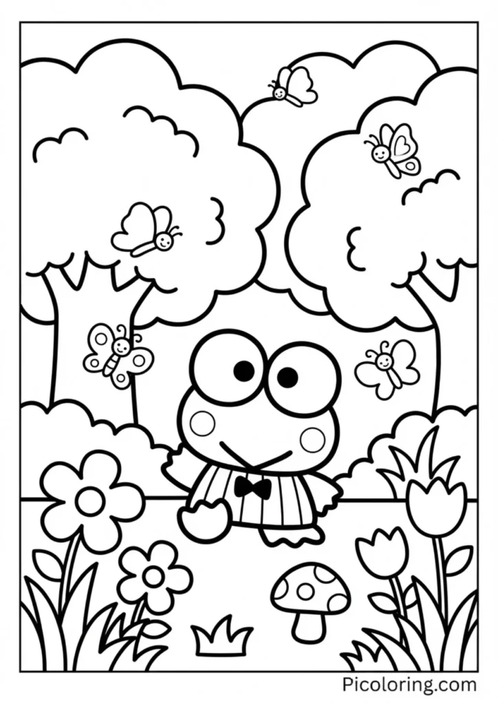 Keroppi walking through tall trees and flowers discovering nature