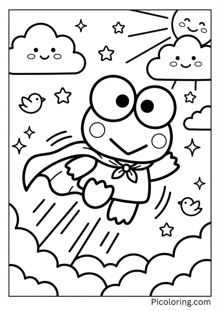 Keroppi wearing a cape flying through clouds