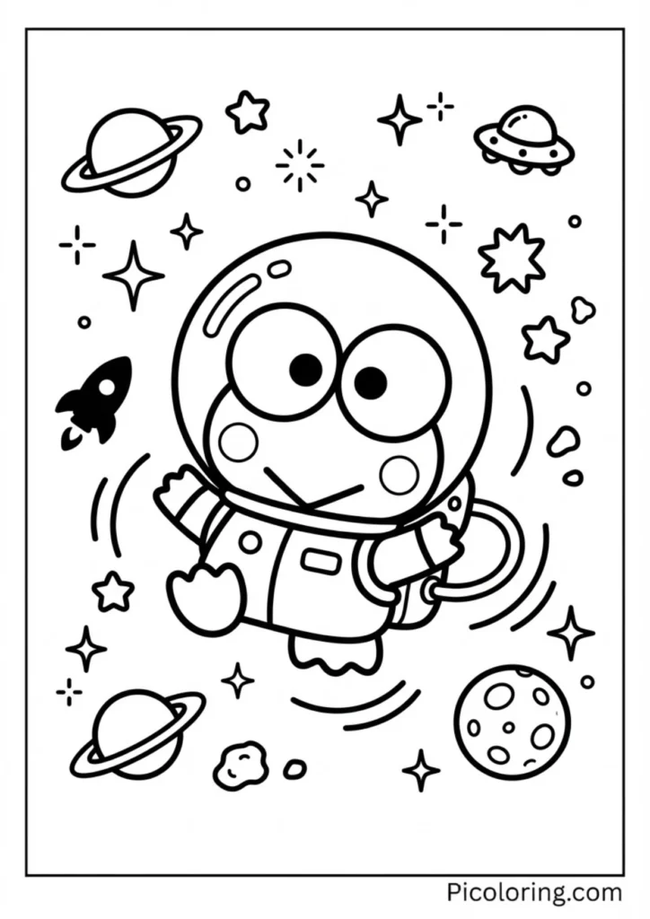 Keroppi wearing a spacesuit floating among stars