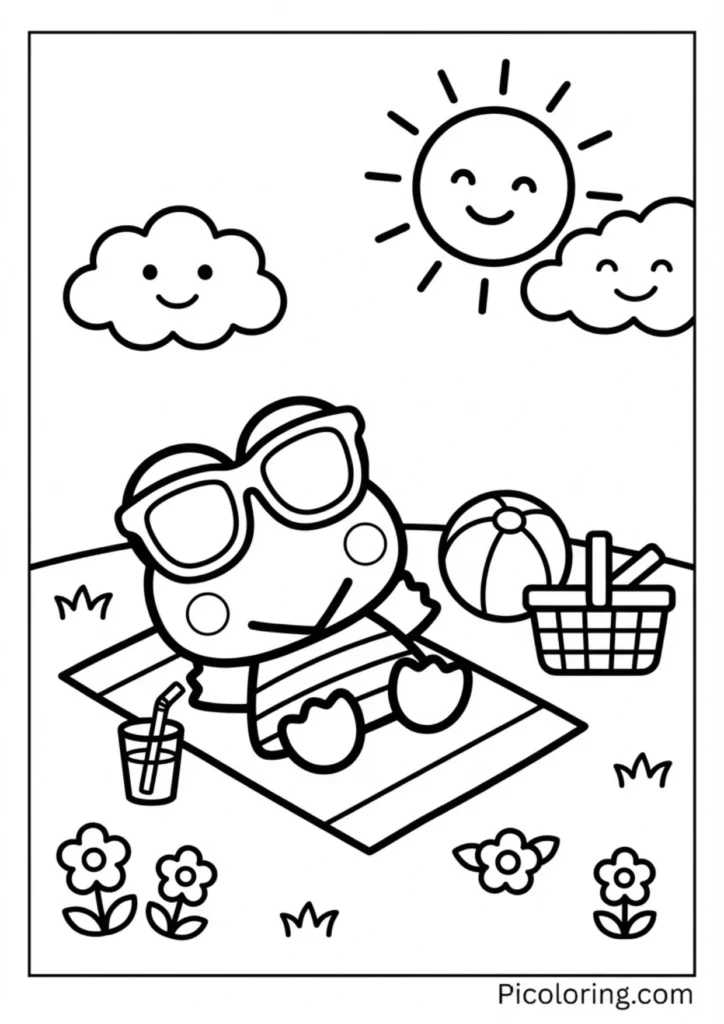 Keroppi wearing sunglasses relaxing under the sun