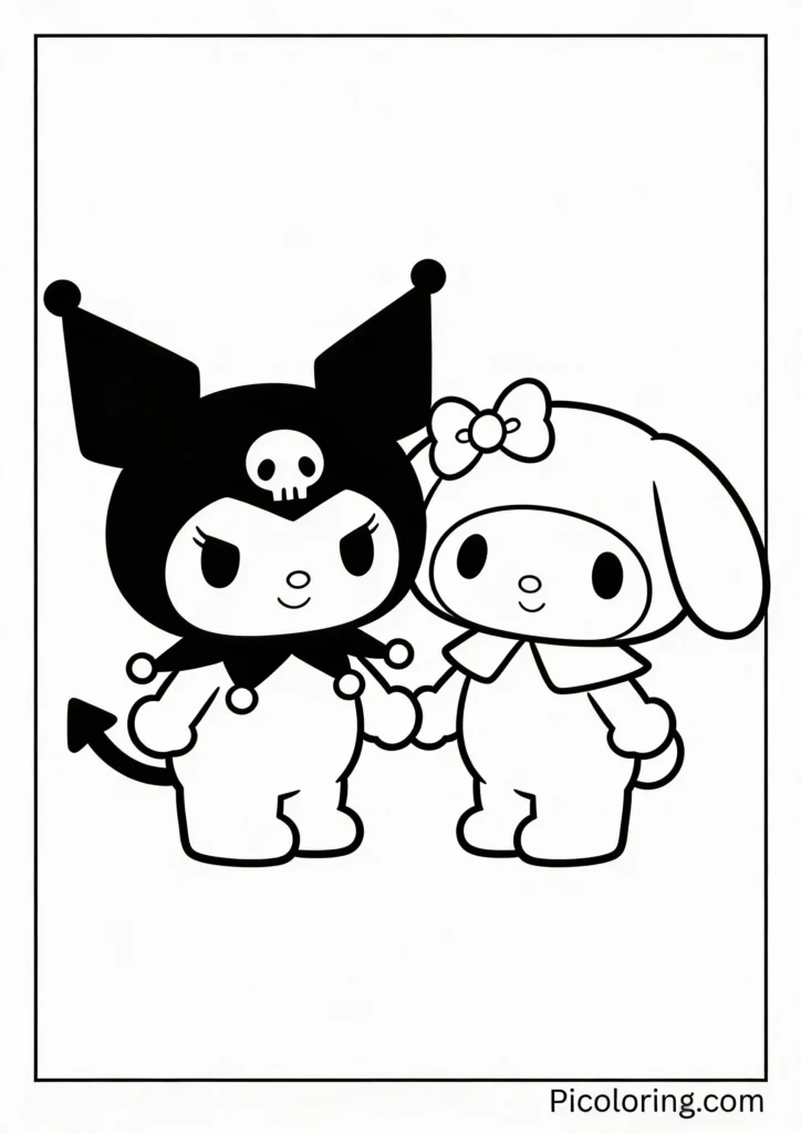 Kuromi and My Melody standing together as friends