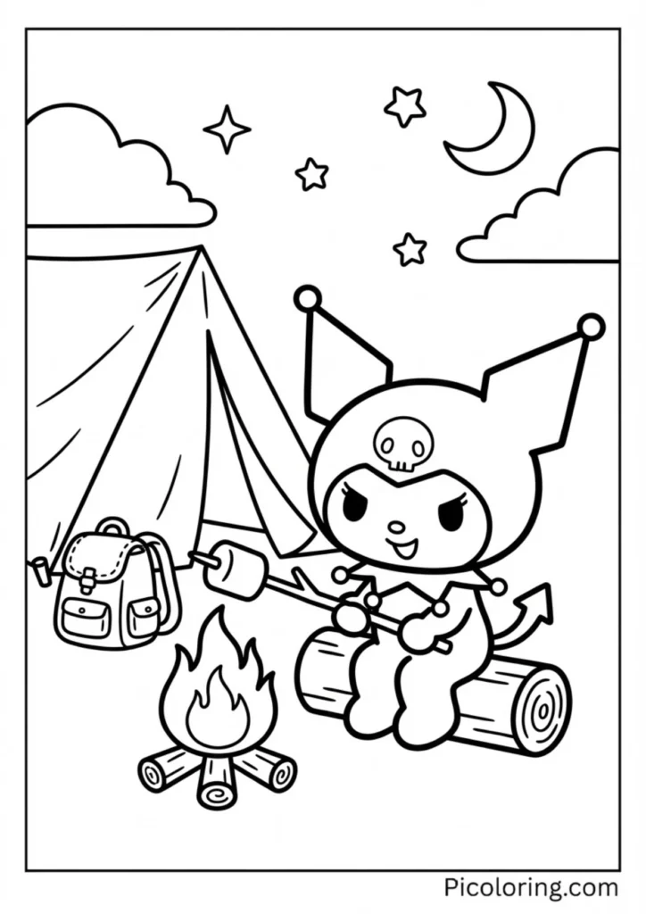 Kuromi by a tent roasting marshmallows
