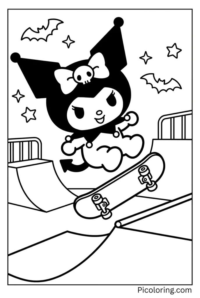 Kuromi doing cool tricks on a skateboard