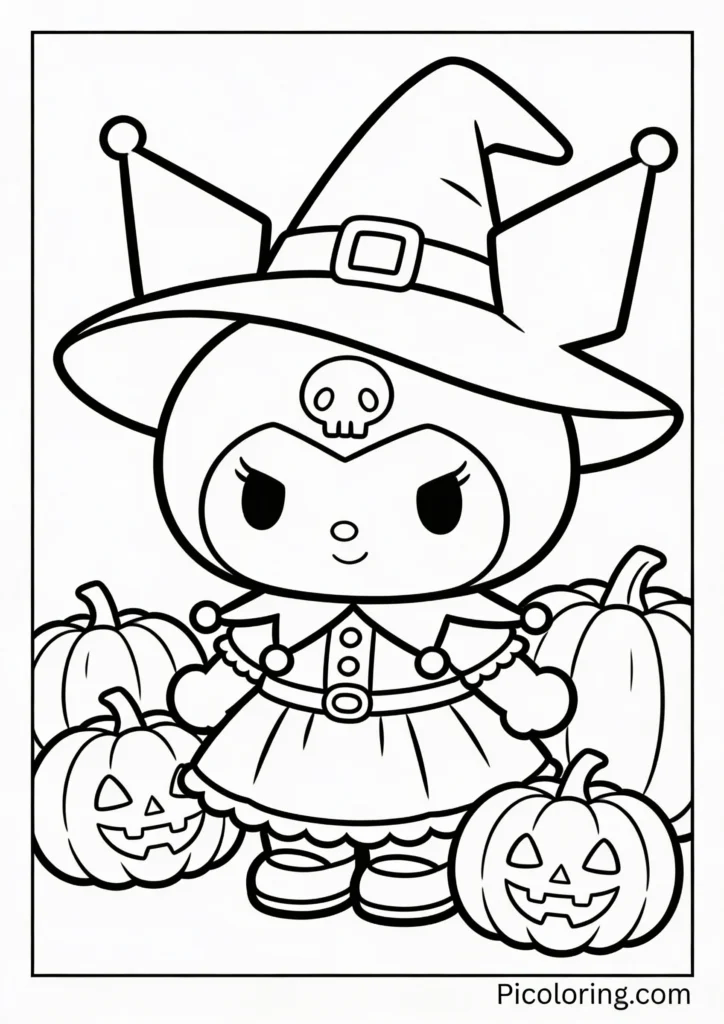 Kuromi dressed as a witch with pumpkins around her