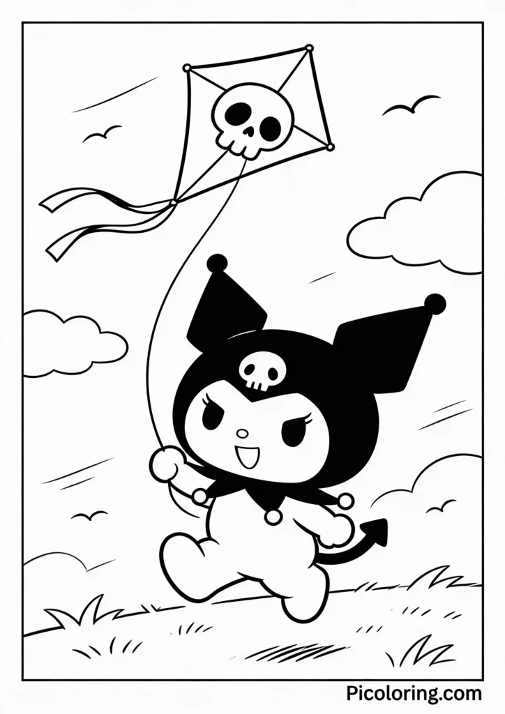 Kuromi enjoying a windy day flying a skull-shaped kite