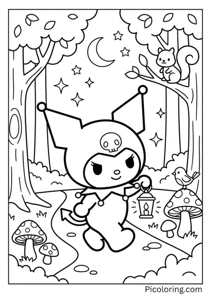 Kuromi exploring a magical forest with trees