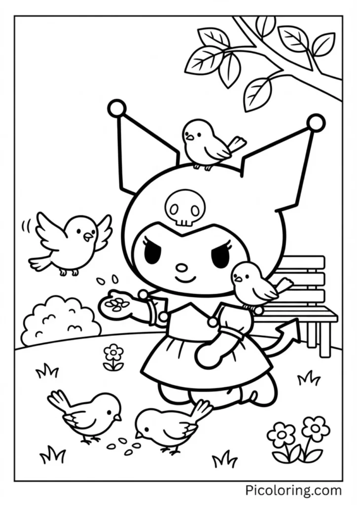 Kuromi feeding cute birds in a park