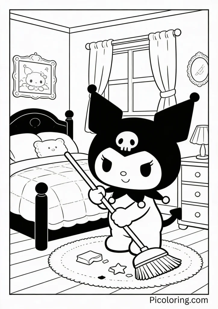 Kuromi holding a broom and tidying up her bedroom