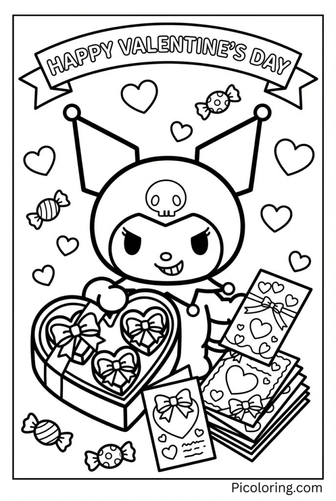 Kuromi holding heart-shaped chocolates and cards