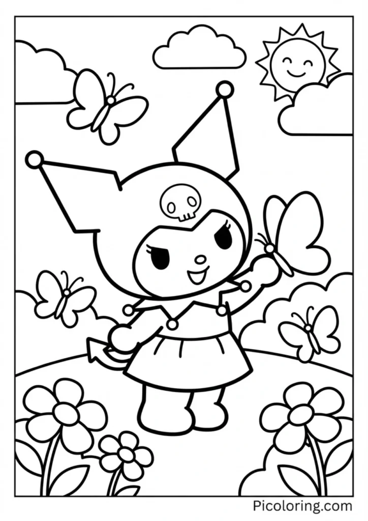 Kuromi in a meadow with colorful butterflies