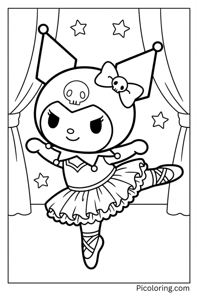 Kuromi in a tutu doing a graceful ballet pose