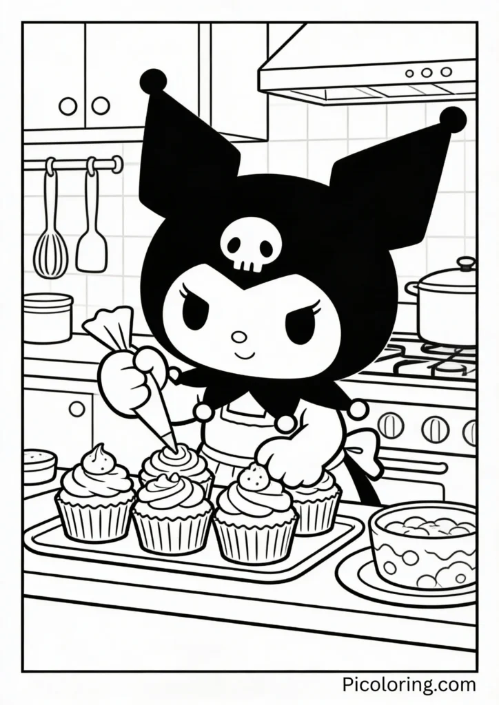 Kuromi in the kitchen decorating cupcakes