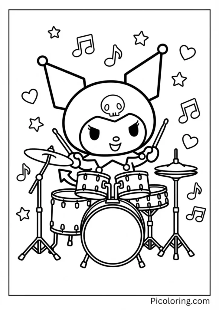 Kuromi playing guitar or drums with musical notes