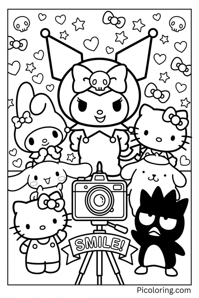 Kuromi posing with multiple Sanrio friends for a picture