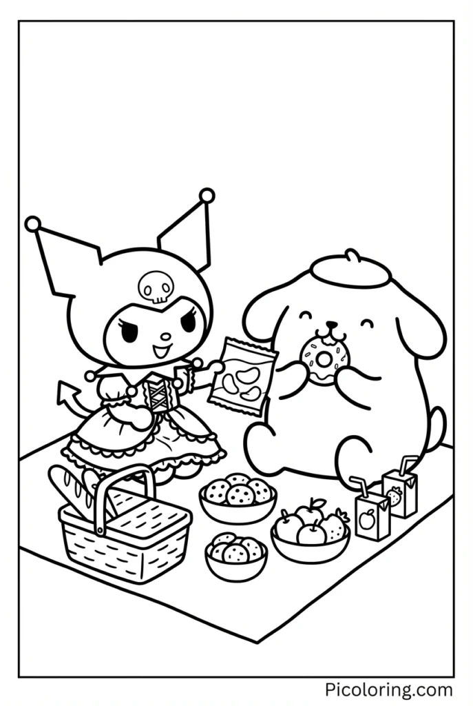 Kuromi sharing snacks with Pompompurin
