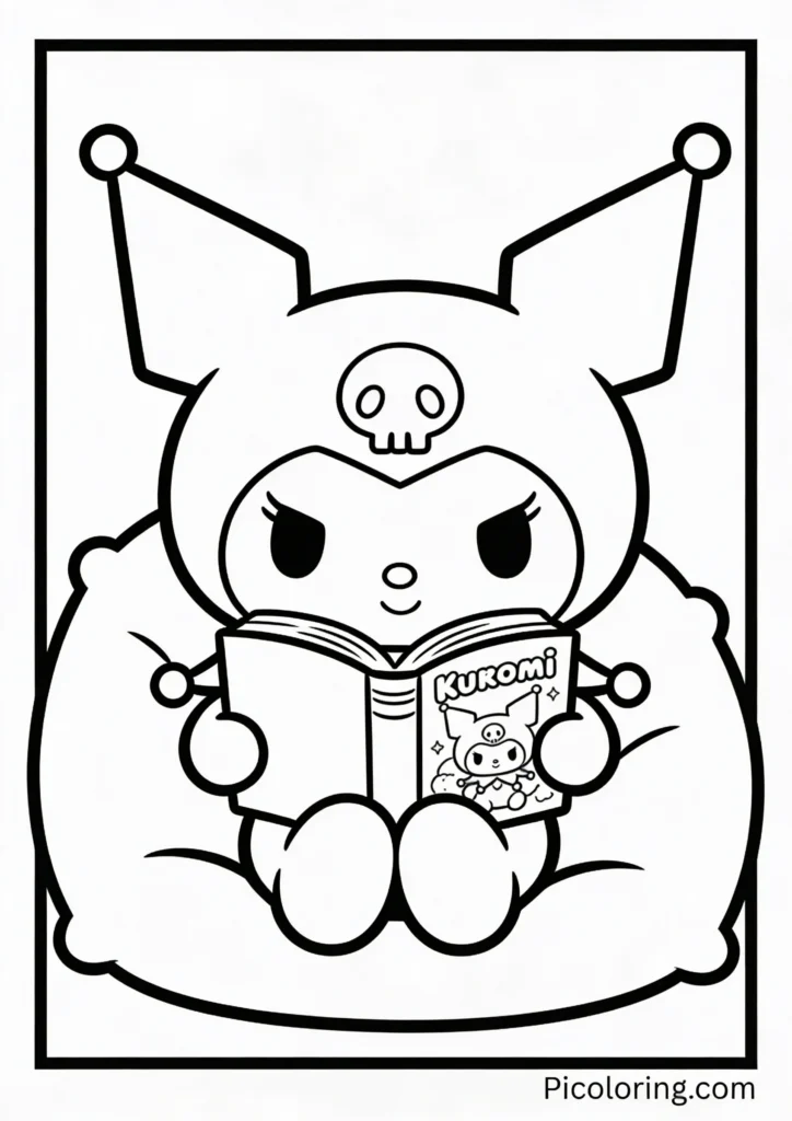 Kuromi sitting comfortably reading her favorite story book