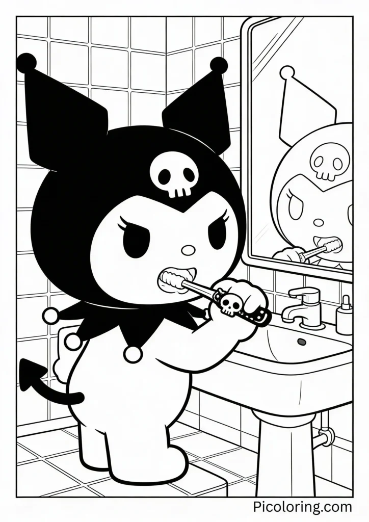 Kuromi standing at the bathroom mirror brushing her teeth with a skull-decorated toothbrush