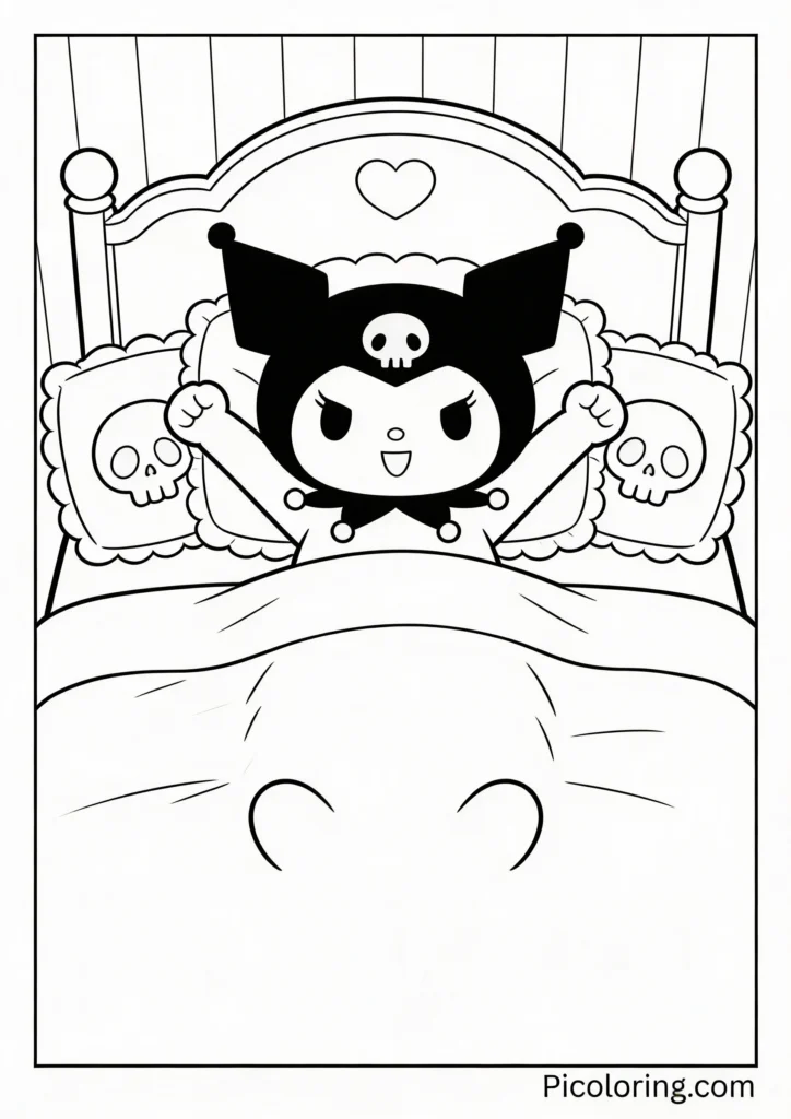 Kuromi stretching in her cute bed with skull pillows, ready to start her day