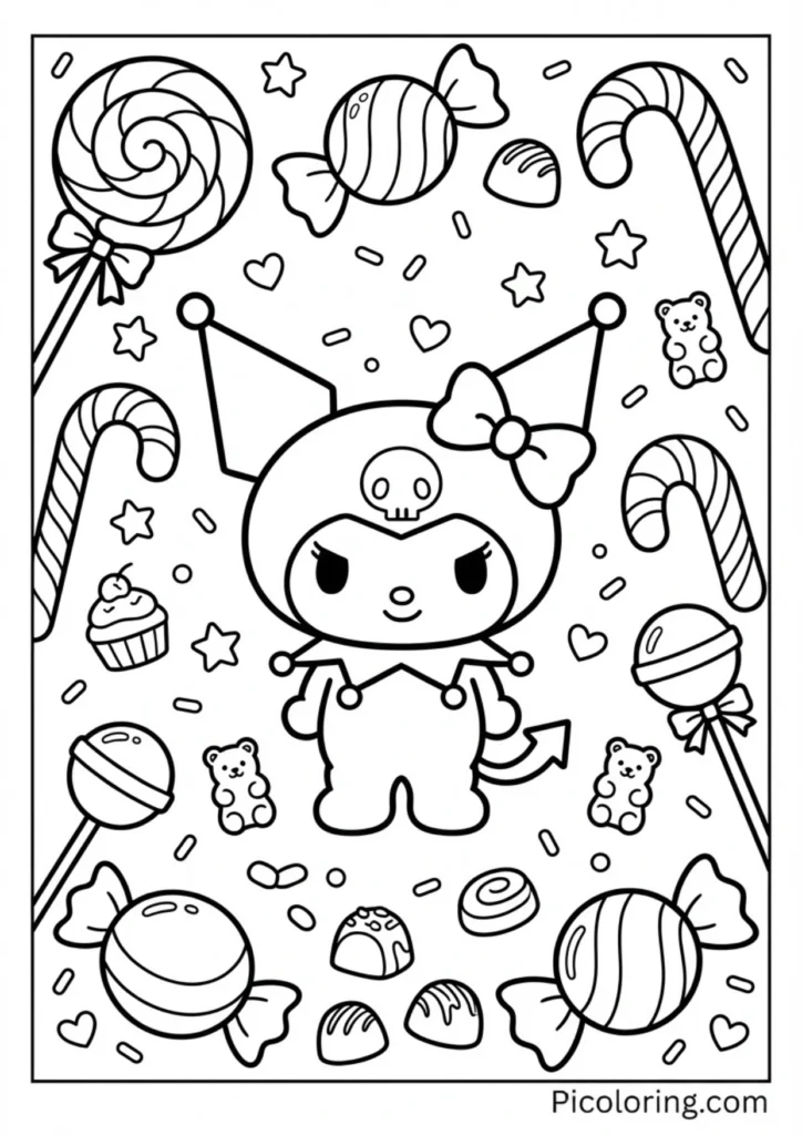 Kuromi surrounded by giant lollipops and candy