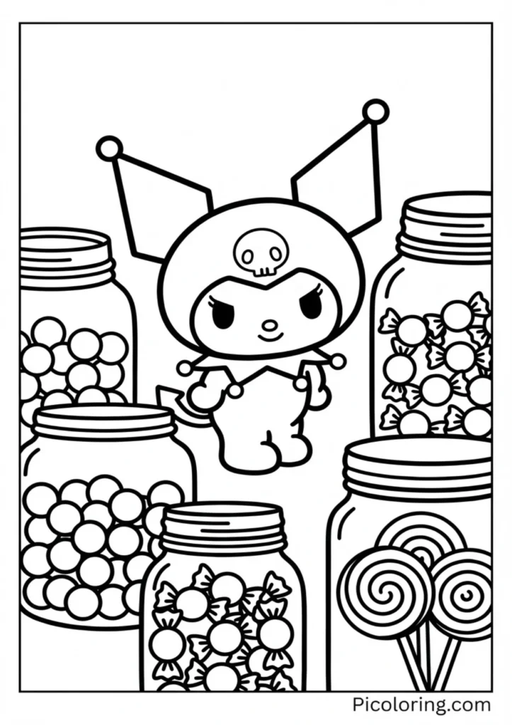Kuromi surrounded by jars of colorful candies