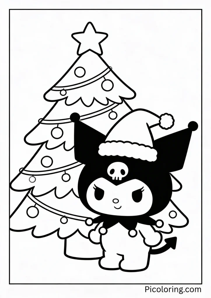Kuromi wearing a Santa hat next to a Christmas tree