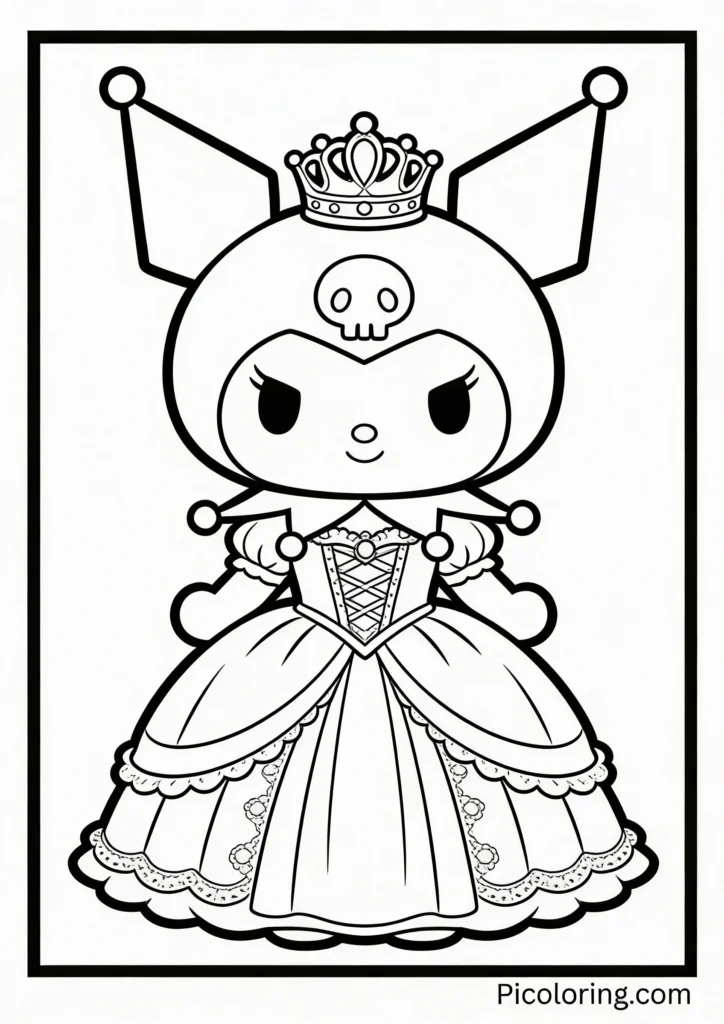 Kuromi wearing a crown and beautiful princess dress