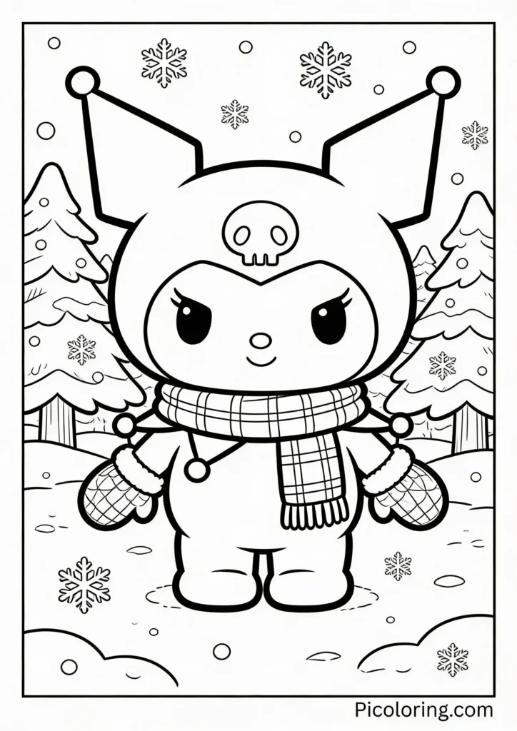 Kuromi wearing a scarf and mittens in a winter wonderland